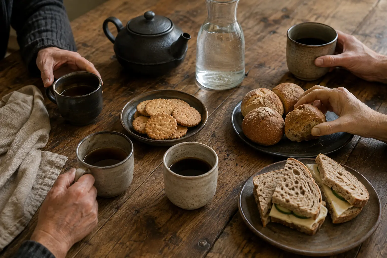 Kávé, tea, víz és egyszerű könnyű harapnivalók egy közös asztalon